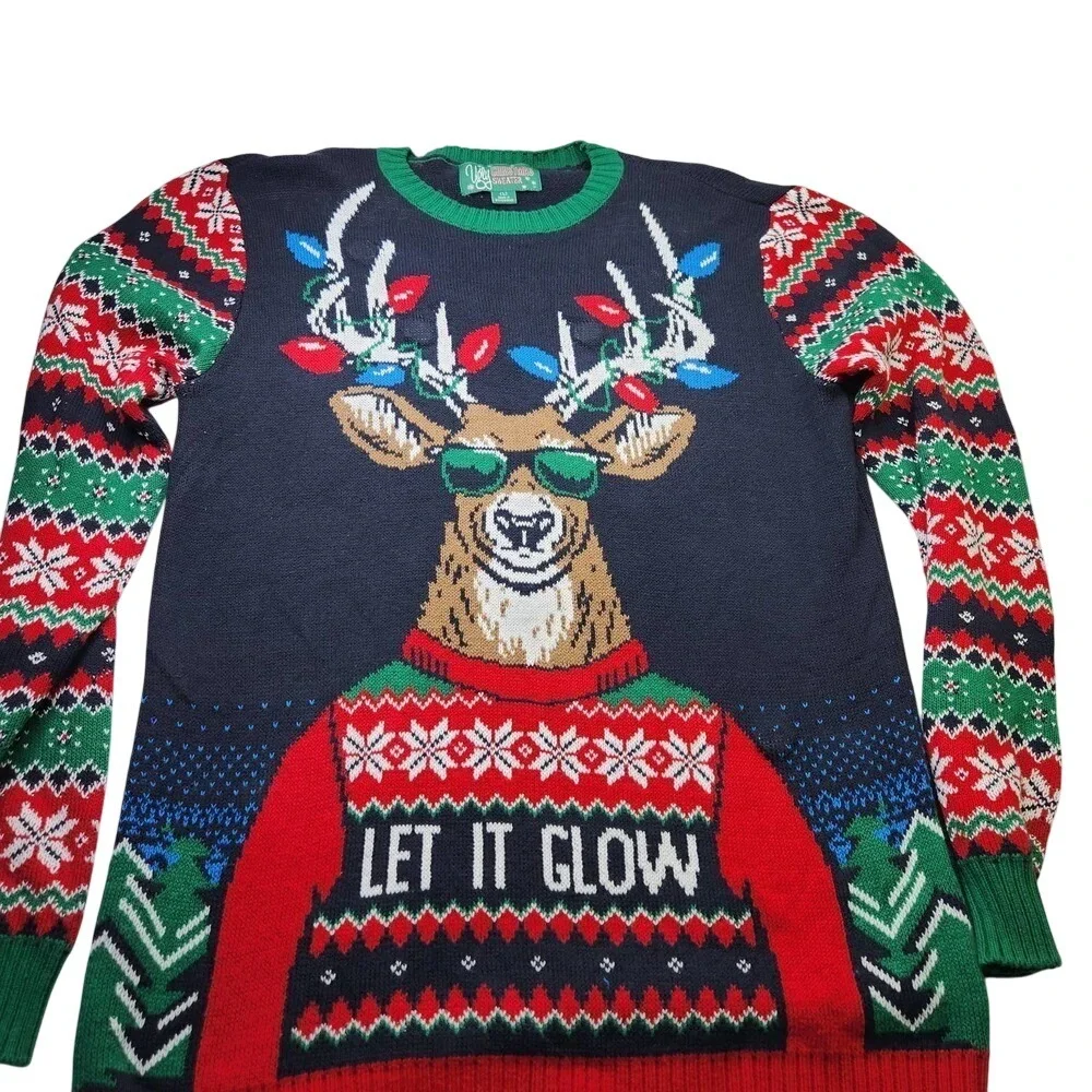 Ugly Christmas Sweater Reindeer Pullover Mens Large Navy Let It Glow Fair Isle